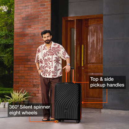 Nasher Miles Capri Hard-Sided Polypropylene Check-in Luggage 28 inch | 75cm | 8 Wheels Large Trolley Bag for Travel | Suitcase (Black & Orange)