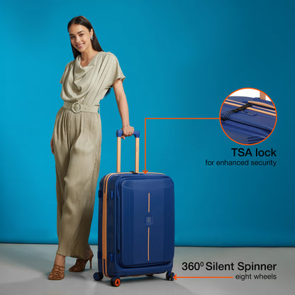 Nasher Miles Alexandria Hard-Sided Polypropylene TSA Lock Check-in Luggage 28 inch | 75cm | 8 Wheels Large Trolley Bag for Travel | Suitcase (Navy Blue Peach)