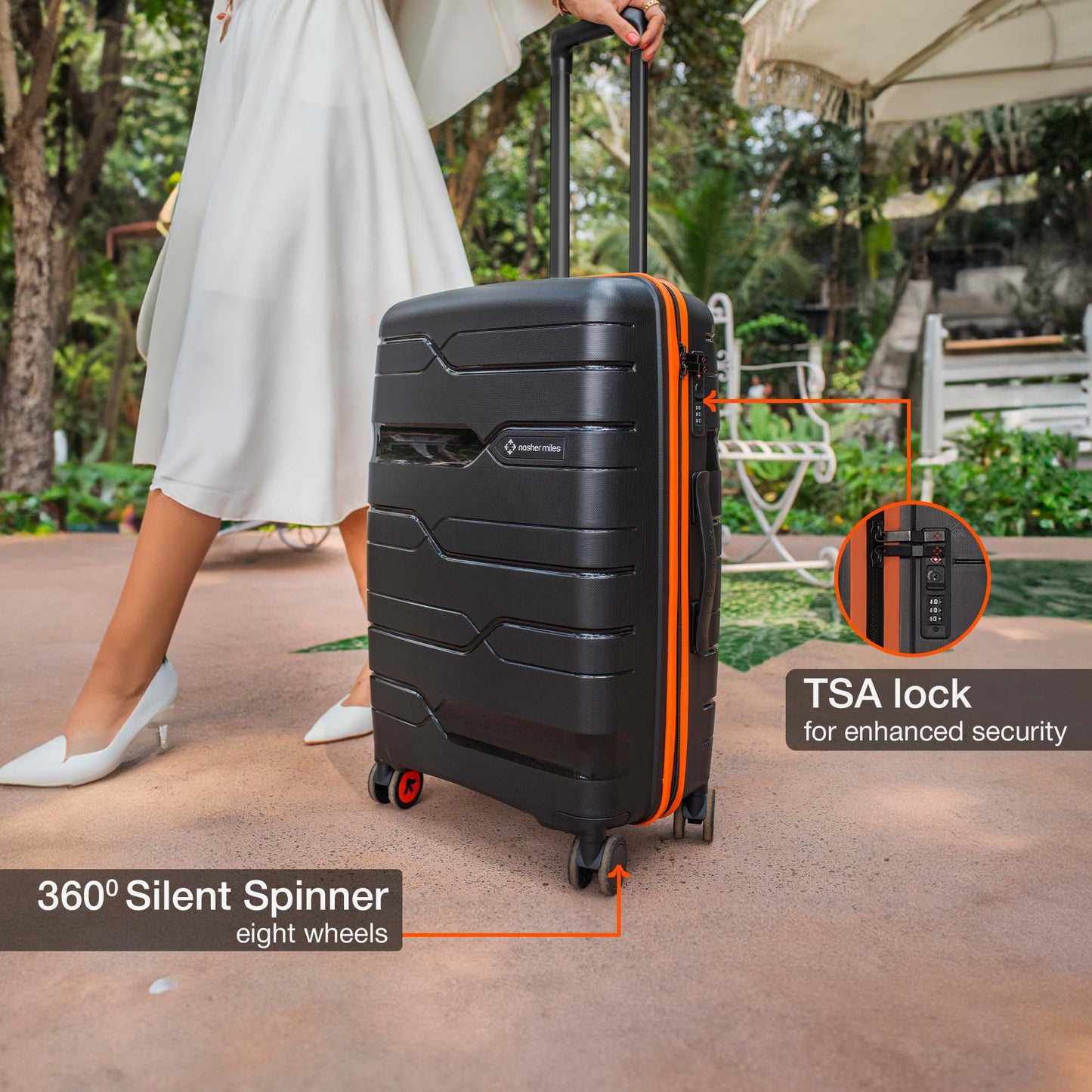 Nasher Miles Cannes Hard-sided Polypropylene Check-In Luggage Black Orange 28 inch | 75 cm Large Trolley bag