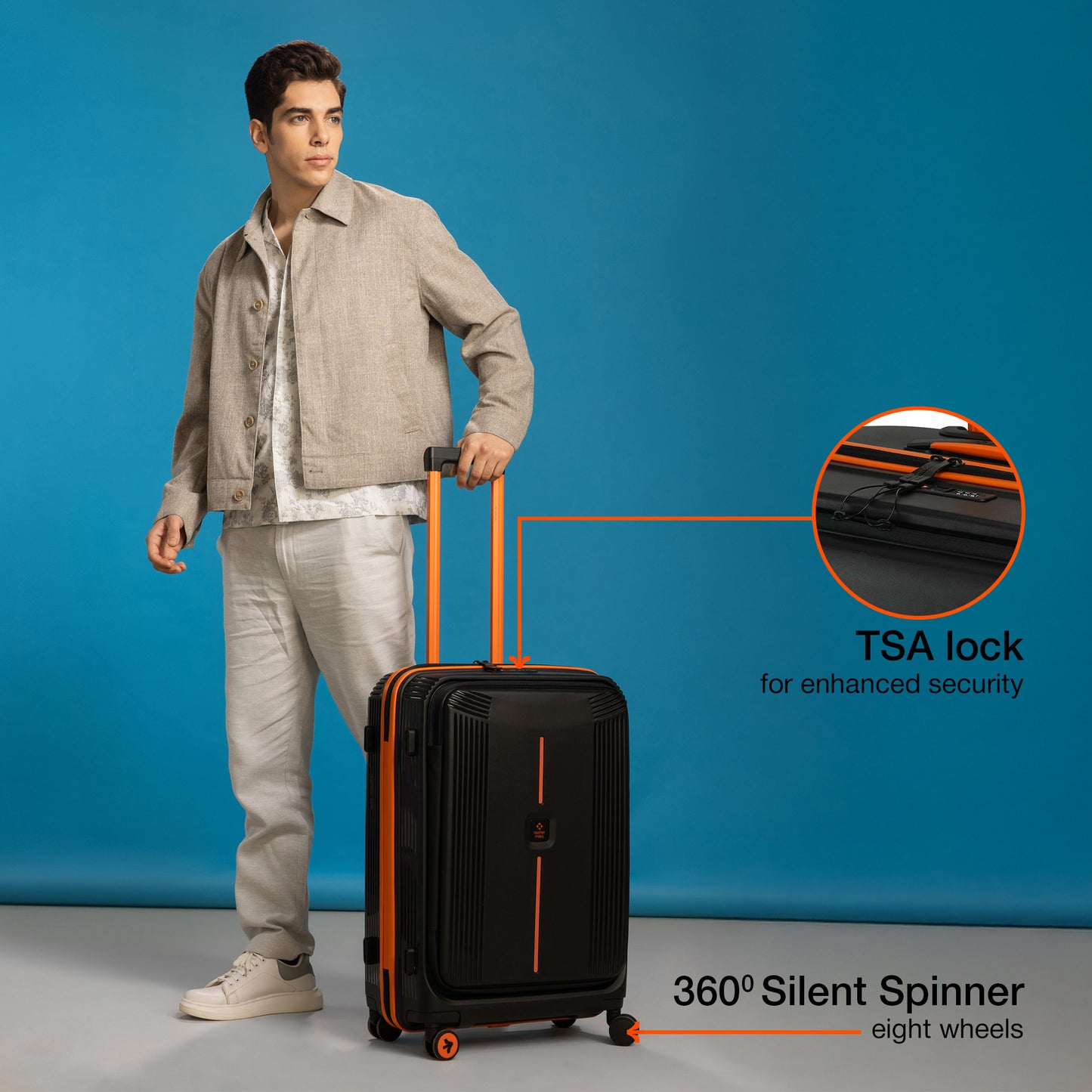 Nasher Miles Alexandria Hard-Sided Polypropylene TSA Lock Check-in Luggage 28 inch | 75cm | 8 Wheels Large Trolley Bag for Travel | Suitcase (Black Orange)