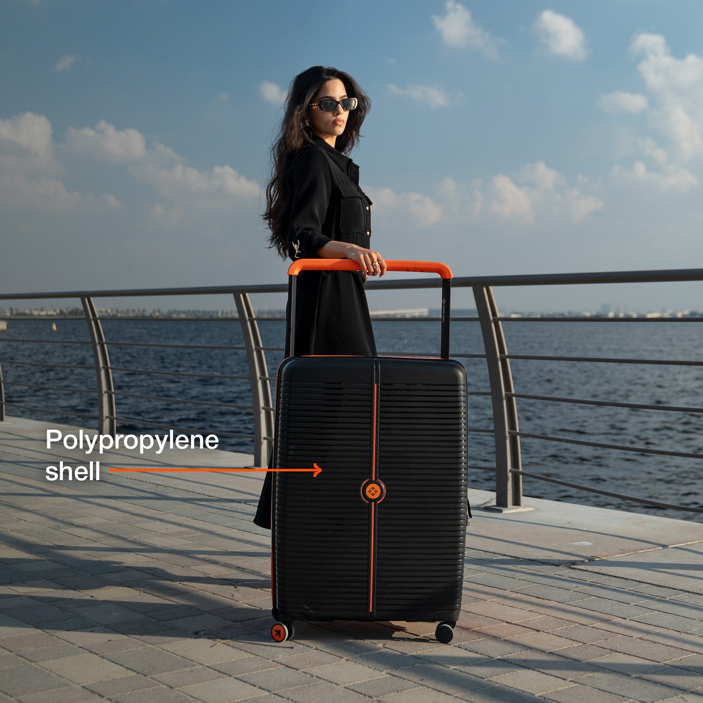 Nasher Miles Dubai TSA Lock Hard-Sided Polypropylene Check-in Luggage 24 inch | 65cm | 8 Wheels Medium Trolley Bag for Travel | Suitcase (Black Orange) | Nasher Miles at Broadway
