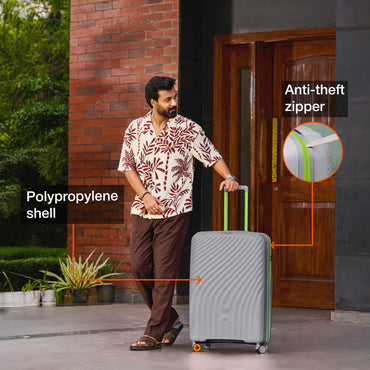 Nasher Miles Capri Hard-Sided Polypropylene Check-in Luggage 28 inch | 75cm | 8 Wheels Large Trolley Bag for Travel | Suitcase (Grey & Green)