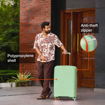 Nasher Miles Capri Hard-Sided Polypropylene Check-in Luggage 28 inch | 75cm | 8 Wheels Large Trolley Bag for Travel | Suitcase (Mint Green & Orange)