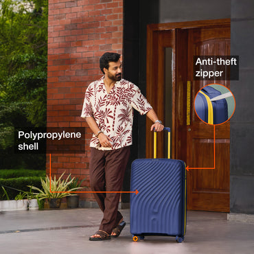 Nasher Miles Capri Hard-Sided Polypropylene Check-in Luggage 28 inch | 75cm | 8 Wheels Large Trolley Bag for Travel | Suitcase (Navy Blue & Yellow)