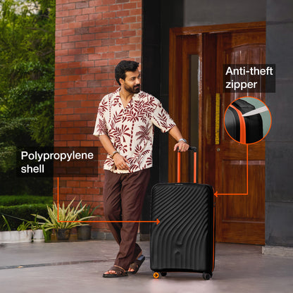 Nasher Miles Capri Hard-Sided Polypropylene Check-in Luggage 28 inch | 75cm | 8 Wheels Large Trolley Bag for Travel | Suitcase (Black & Orange)