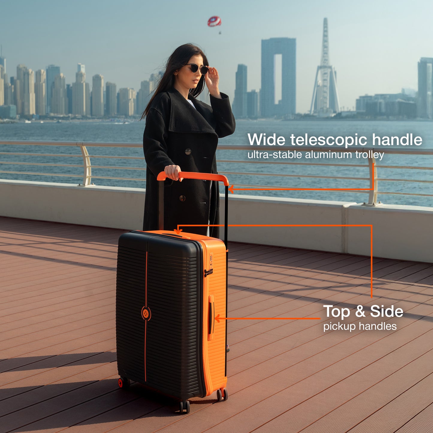 Nasher Miles Dubai TSA Lock Hard-Sided Polypropylene Check-in Luggage 24 inch | 65cm | 8 Wheels Medium Trolley Bag for Travel | Suitcase (Black Orange) | Nasher Miles at Broadway