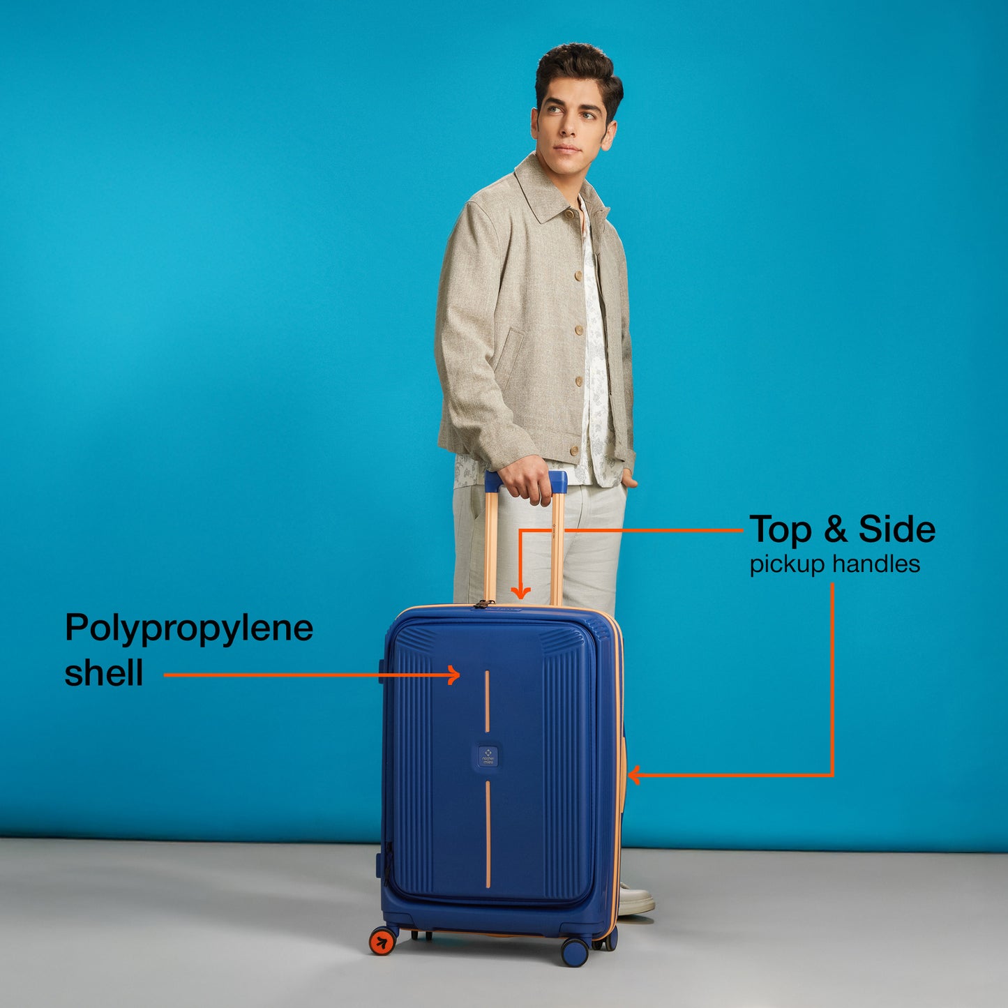 Nasher Miles Alexandria Hard-Sided Polypropylene TSA Lock Check-in Luggage 24 inch | 65cm | 8 Wheels Medium Trolley Bag for Travel | Suitcase (Navy Blue Peach)