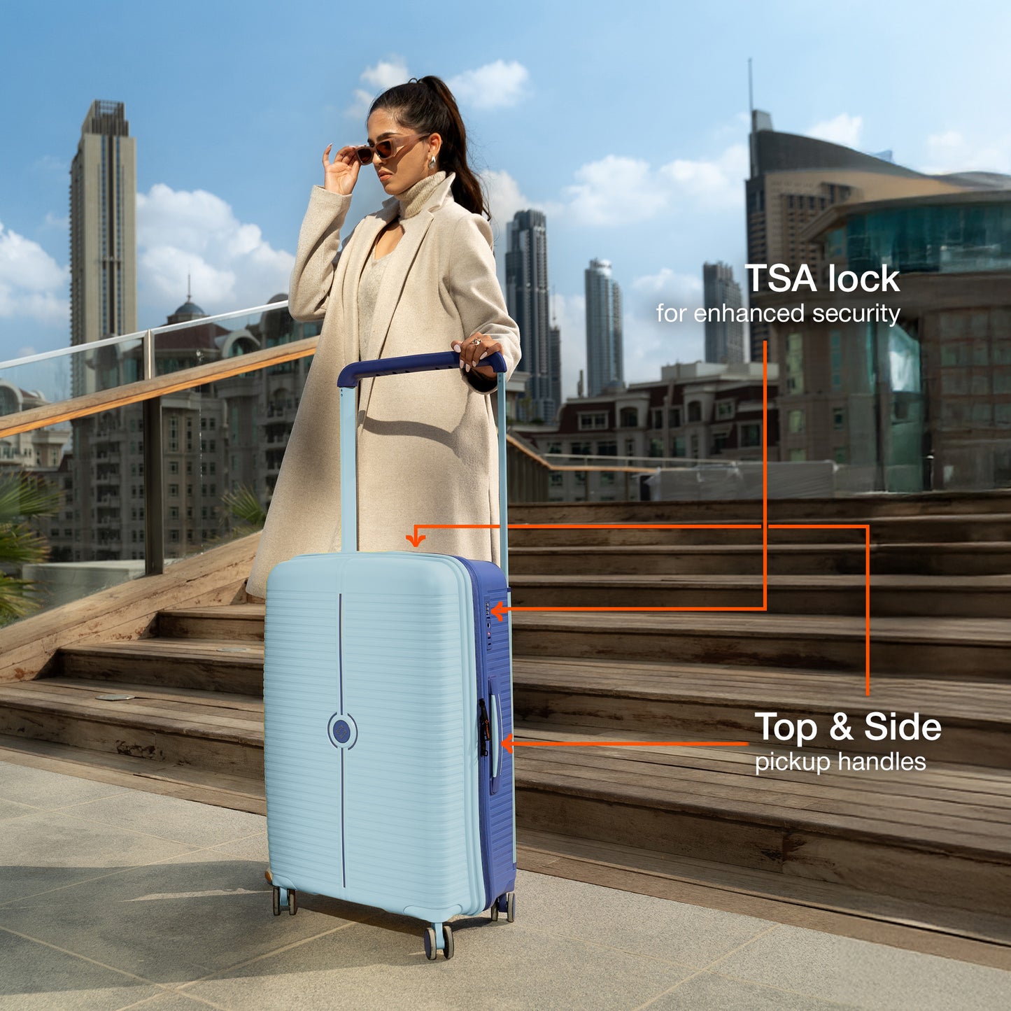 Nasher Miles Dubai TSA Lock Hard-Sided Polypropylene Check-in Luggage 24 inch | 65cm | 8 Wheels Medium Trolley Bag for Travel | Suitcase (Green Navy Blue)