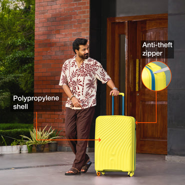 Nasher Miles Capri Hard-Sided Polypropylene Check-in Luggage 28 inch | 75cm | 8 Wheels Large Trolley Bag for Travel | Suitcase (Yellow & Blue)