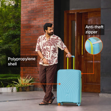Nasher Miles Capri Hard-Sided Polypropylene Check-in Luggage 28 inch | 75cm | 8 Wheels Large Trolley Bag for Travel | Suitcase (Light Blue & Yellow)