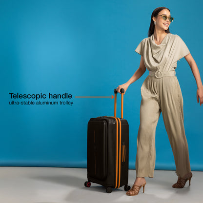 Nasher Miles Alexandria Hard-Sided Polypropylene TSA Lock Check-in Luggage 24 inch | 65cm | 8 Wheels Medium Trolley Bag for Travel | Suitcase (Black Orange)