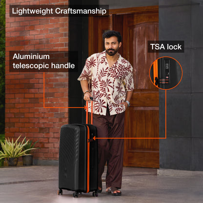 Nasher Miles Capri Hard-Sided Polypropylene Check-in Luggage 28 inch | 75cm | 8 Wheels Large Trolley Bag for Travel | Suitcase (Black & Orange)