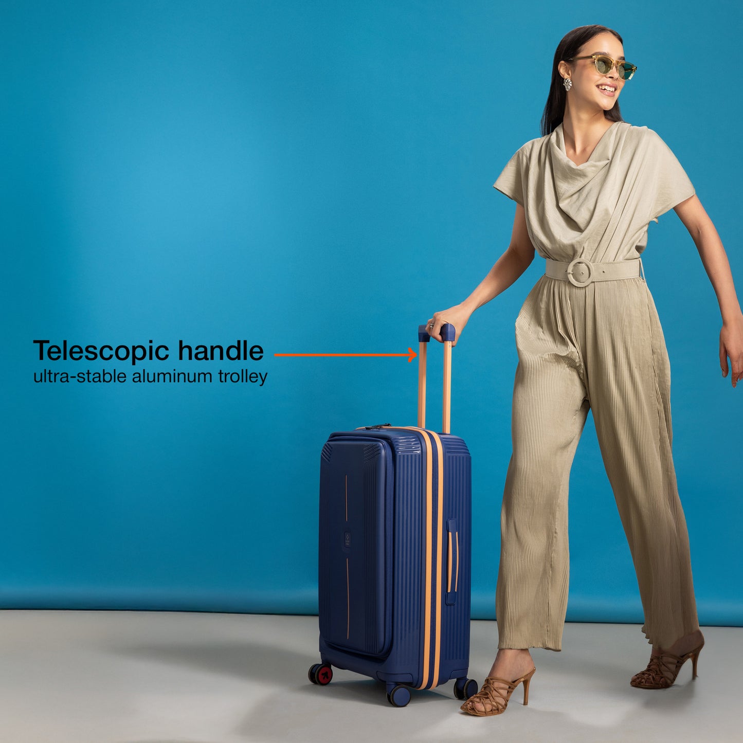 Nasher Miles Alexandria Hard-Sided Polypropylene TSA Lock Check-in Luggage 24 inch | 65cm | 8 Wheels Medium Trolley Bag for Travel | Suitcase (Navy Blue Peach)