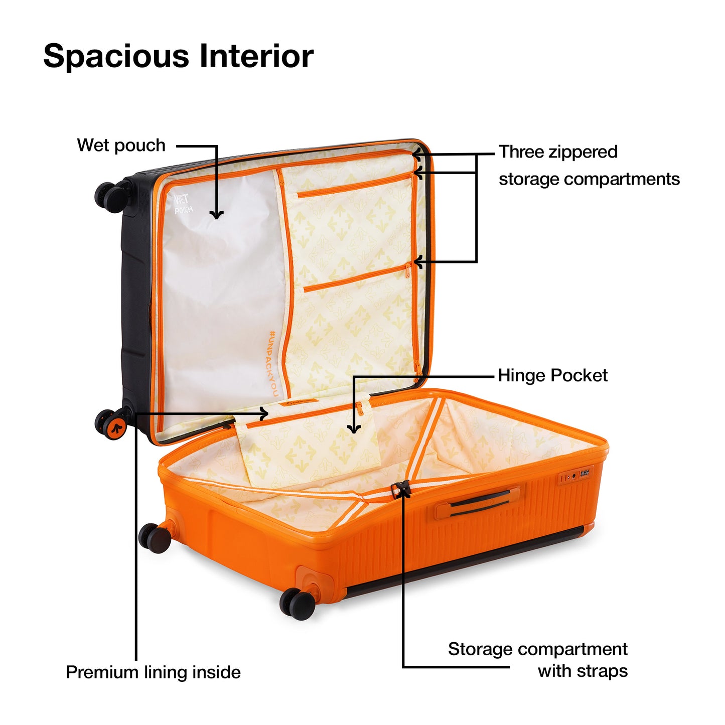 Nasher Miles Dubai TSA Lock Hard-Sided Polypropylene Check-in Luggage 28 inch | 75cm | 8 Wheels Small Trolley Bag for Travel | Suitcase (Black Orange) | Nasher Miles at Broadway