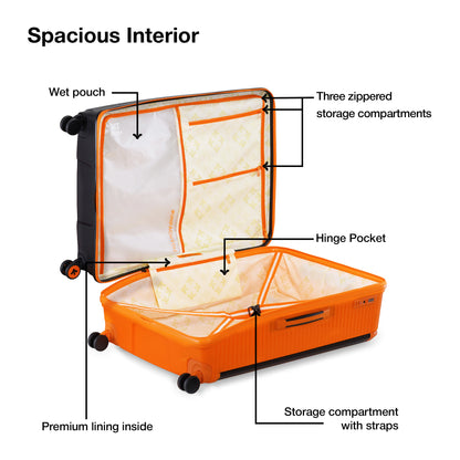 Nasher Miles Dubai TSA Lock Hard-Sided Polypropylene Check-in Luggage 28 inch | 75cm | 8 Wheels Small Trolley Bag for Travel | Suitcase (Black Orange) | Nasher Miles at Broadway