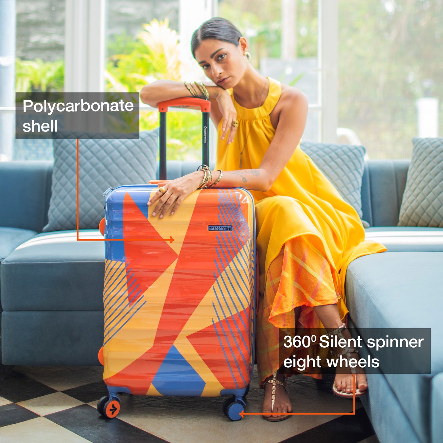 Nasher Miles Chicago Hard-Sided Polycarbonate Printed Check-in Luggage Orange Blue 28 inch (75) Trolley Bag