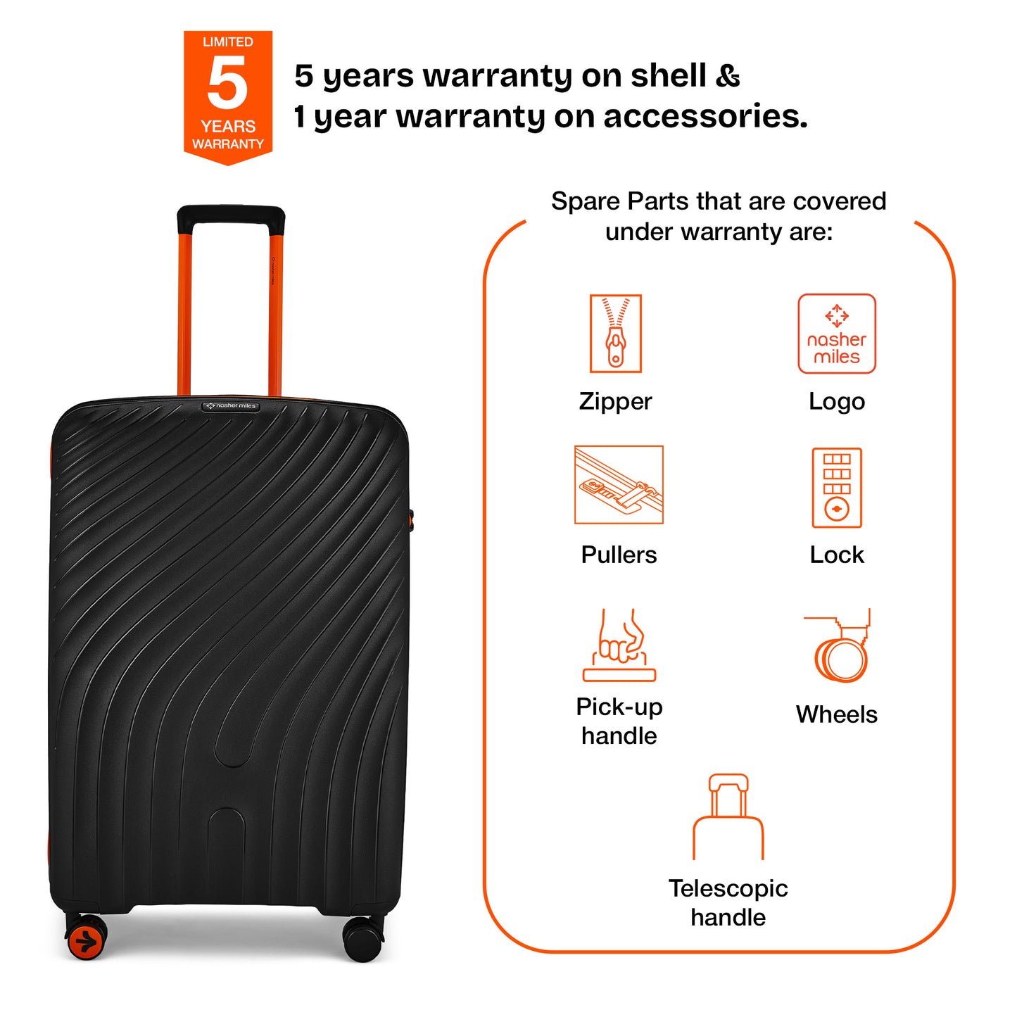 Nasher Miles Capri Hard-Sided Polypropylene Check-in Luggage 28 inch | 75cm | 8 Wheels Large Trolley Bag for Travel | Suitcase (Black & Orange)