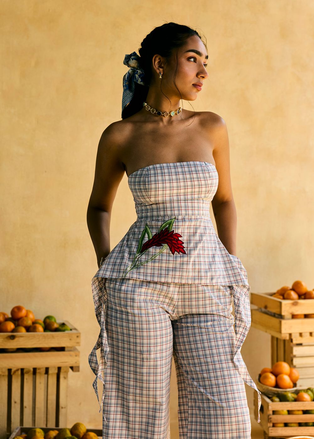 Maple Ruffled and Check Embroidered Top