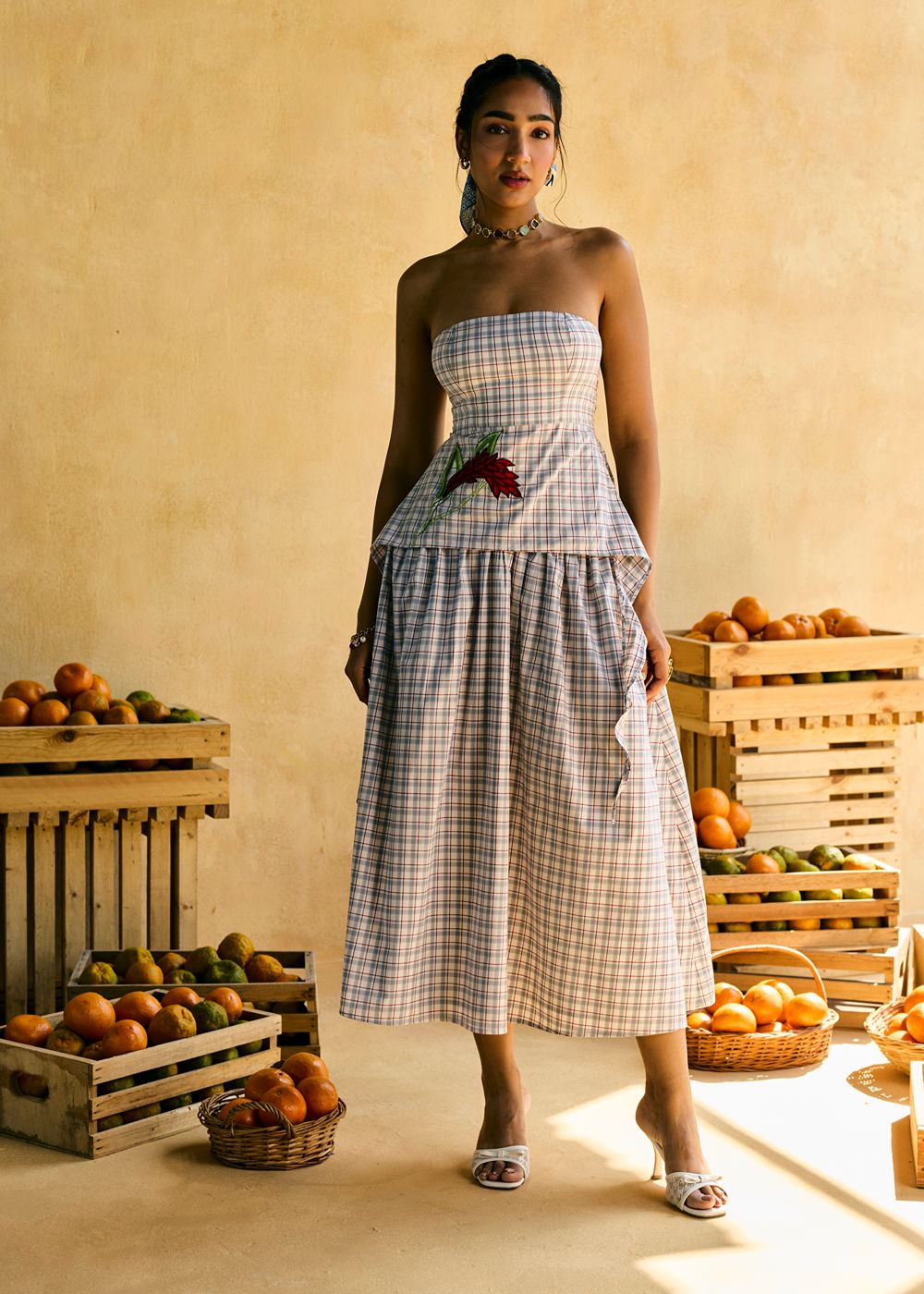 Maple Ruffled and Check Embroidered Top