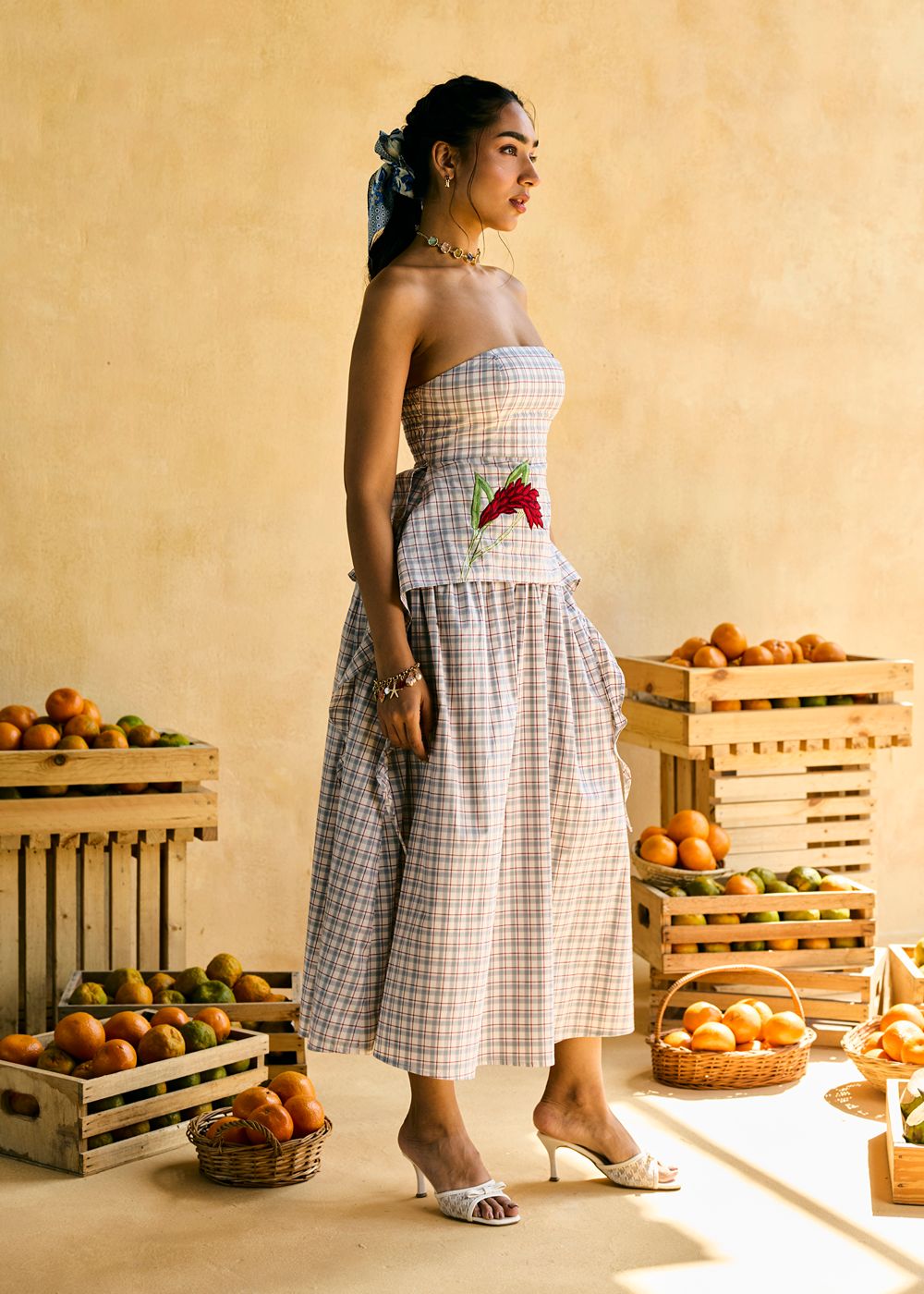 Maple Ruffled and Check Embroidered Top
