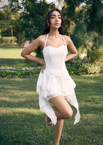 Pamila White Ruffle Asymmetrical Mini Skirt