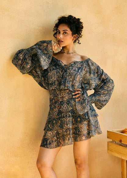 Sarai Safari Paisley Puff Sleeve Mini Dress
