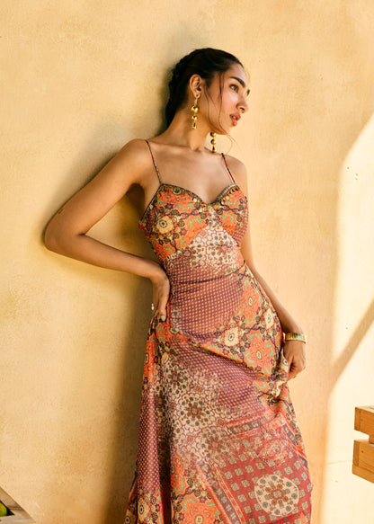 Aamrang Scarf Print Cascade Midi Dress