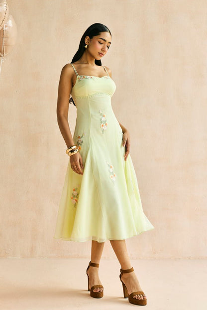 Buttercup Embroidered Godet Midi Dress