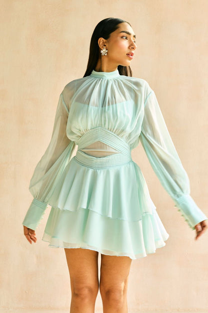 Misty Blue Tiered Ruffled Mini Dress