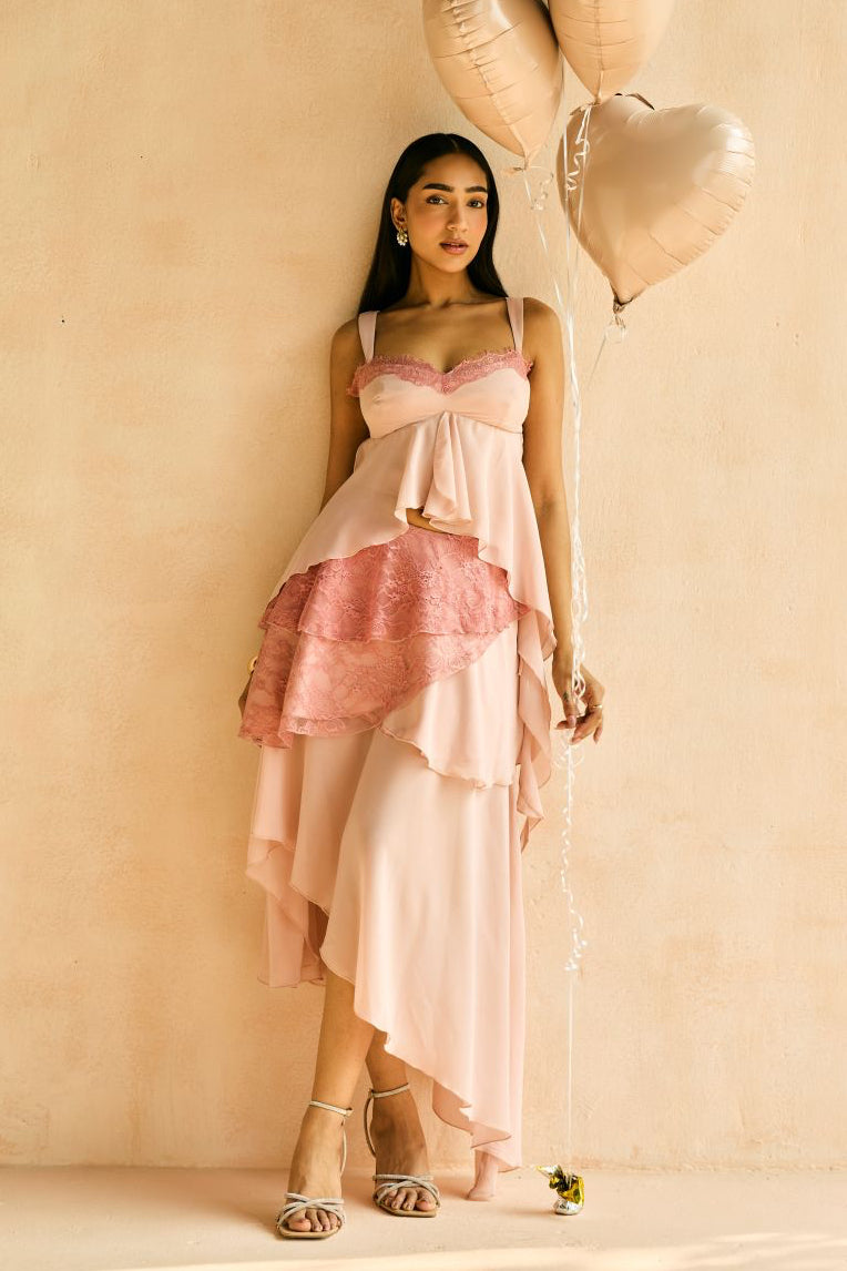 Blush Lace-Trim Asymmetric Hem Top