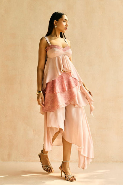 Blush Lace-Layered Asymmetrical Skirt