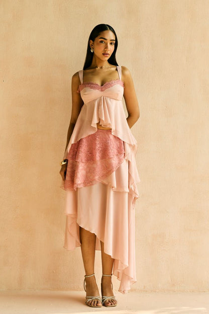 Blush Lace-Layered Asymmetrical Skirt