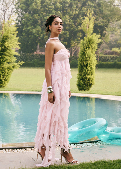 Nikolina Baby Pink Frill Maxi Dress