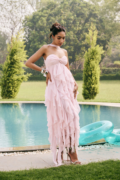 Nikolina Baby Pink Frill Maxi Dress