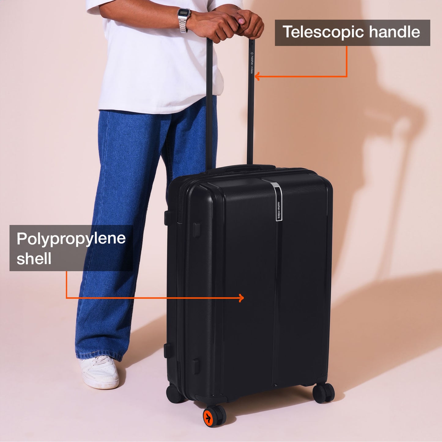 Nasher Miles The Line Hard-Sided Polypropylene Check-in Luggage Black 24 inch |65 Trolley Bag