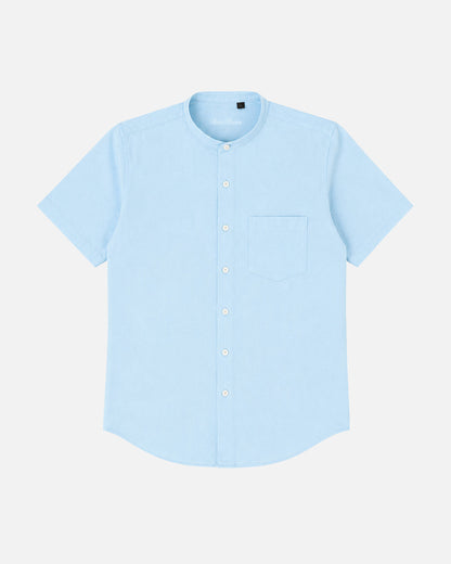 Bare Brown Mandarin Collar Cotton Linen Shirt, Slim Fit with Half Sleeves - Sky Blue