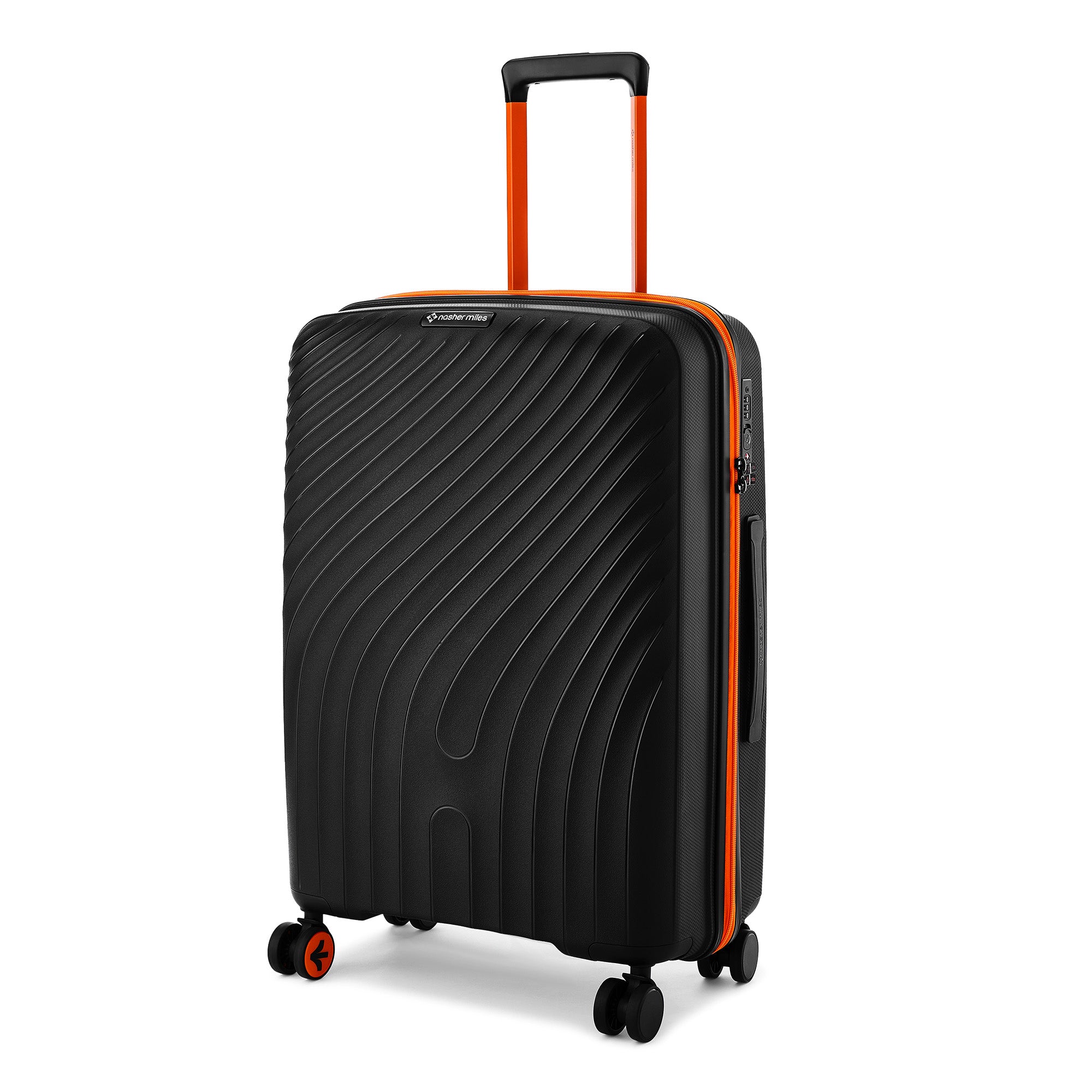 Nasher Miles Capri Hard-Sided Polypropylene Check-in Luggage 24 inch | 65cm | 8 Wheels Medium Trolley Bag for Travel | Suitcase (Black & Orange) | Nasher Miles at Broadway
