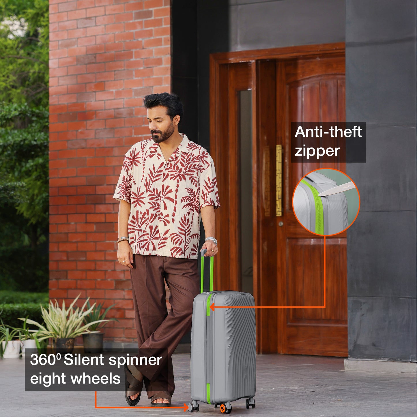 Nasher Miles Capri Hard-Sided Polypropylene Check-in Luggage 24 inch | 65cm | 8 Wheels Medium Trolley Bag for Travel | Suitcase (Grey & Green)