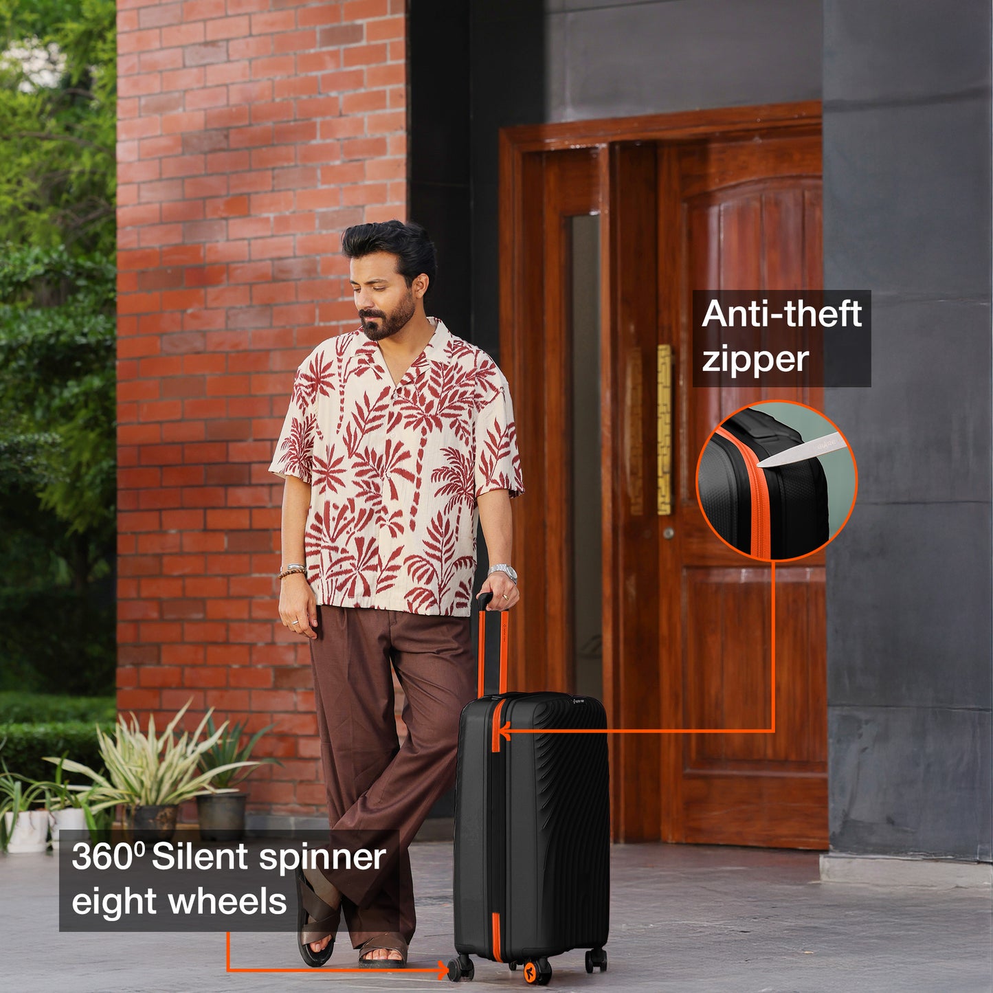 Nasher Miles Capri Hard-Sided Polypropylene Check-in Luggage 24 inch | 65cm | 8 Wheels Medium Trolley Bag for Travel | Suitcase (Black & Orange)