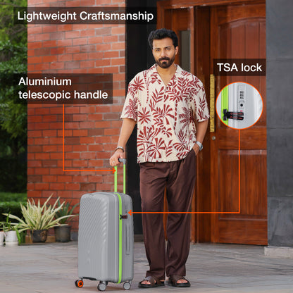 Nasher Miles Capri Hard-Sided Polypropylene Check-in Luggage 24 inch | 65cm | 8 Wheels Medium Trolley Bag for Travel | Suitcase (Grey & Green)