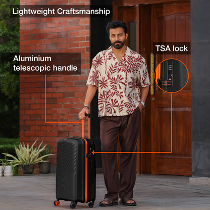 Nasher Miles Capri Hard-Sided Polypropylene Check-in Luggage 24 inch | 65cm | 8 Wheels Medium Trolley Bag for Travel | Suitcase (Black & Orange)