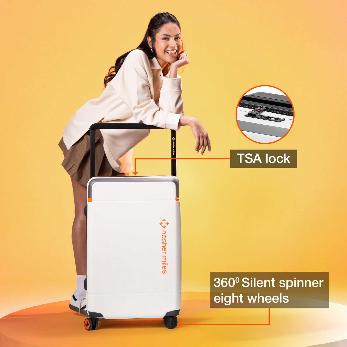 Nasher Miles Oslo TSA Lock Hard-Sided Polycarbonate Wide Telescopic Handle Check-in Luggage White Black 26 inch |66 Trolley Bag |Medium Suitcase