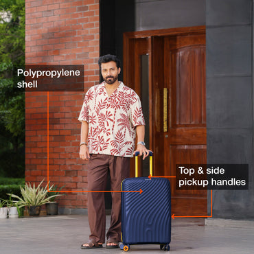 Nasher Miles Capri Hard-Sided Polypropylene Check-in Luggage 24 inch | 65cm | 8 Wheels Medium Trolley Bag for Travel | Suitcase (Navy Blue & Yellow)