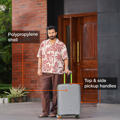 Nasher Miles Capri Hard-Sided Polypropylene Check-in Luggage 24 inch | 65cm | 8 Wheels Medium Trolley Bag for Travel | Suitcase (Grey & Green)