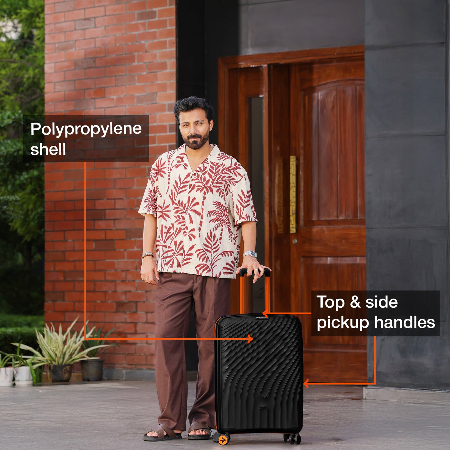 Nasher Miles Capri Hard-Sided Polypropylene Check-in Luggage 24 inch | 65cm | 8 Wheels Medium Trolley Bag for Travel | Suitcase (Black & Orange)