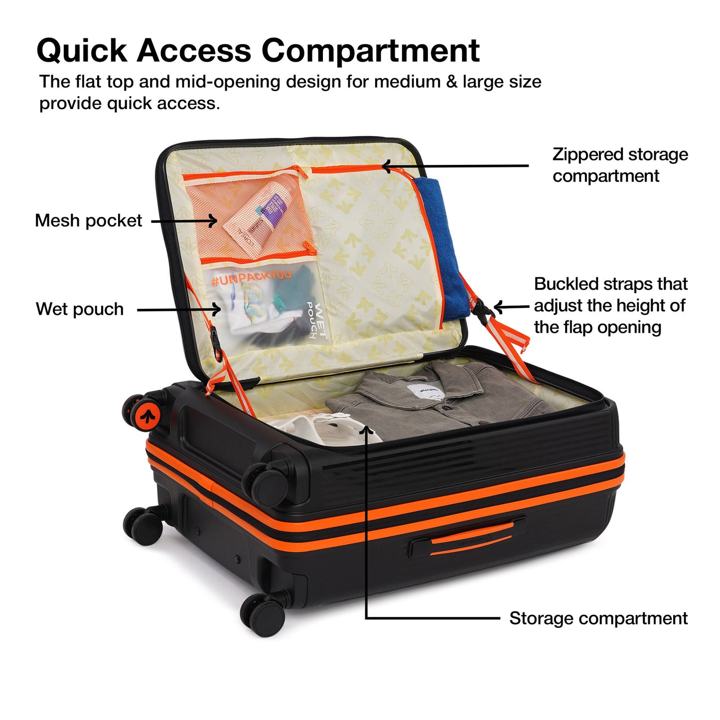 Nasher Miles Alexandria Hard-Sided Polypropylene TSA Lock Check-in Luggage 24 inch | 65cm | 8 Wheels Medium Trolley Bag for Travel | Suitcase (Black Orange)