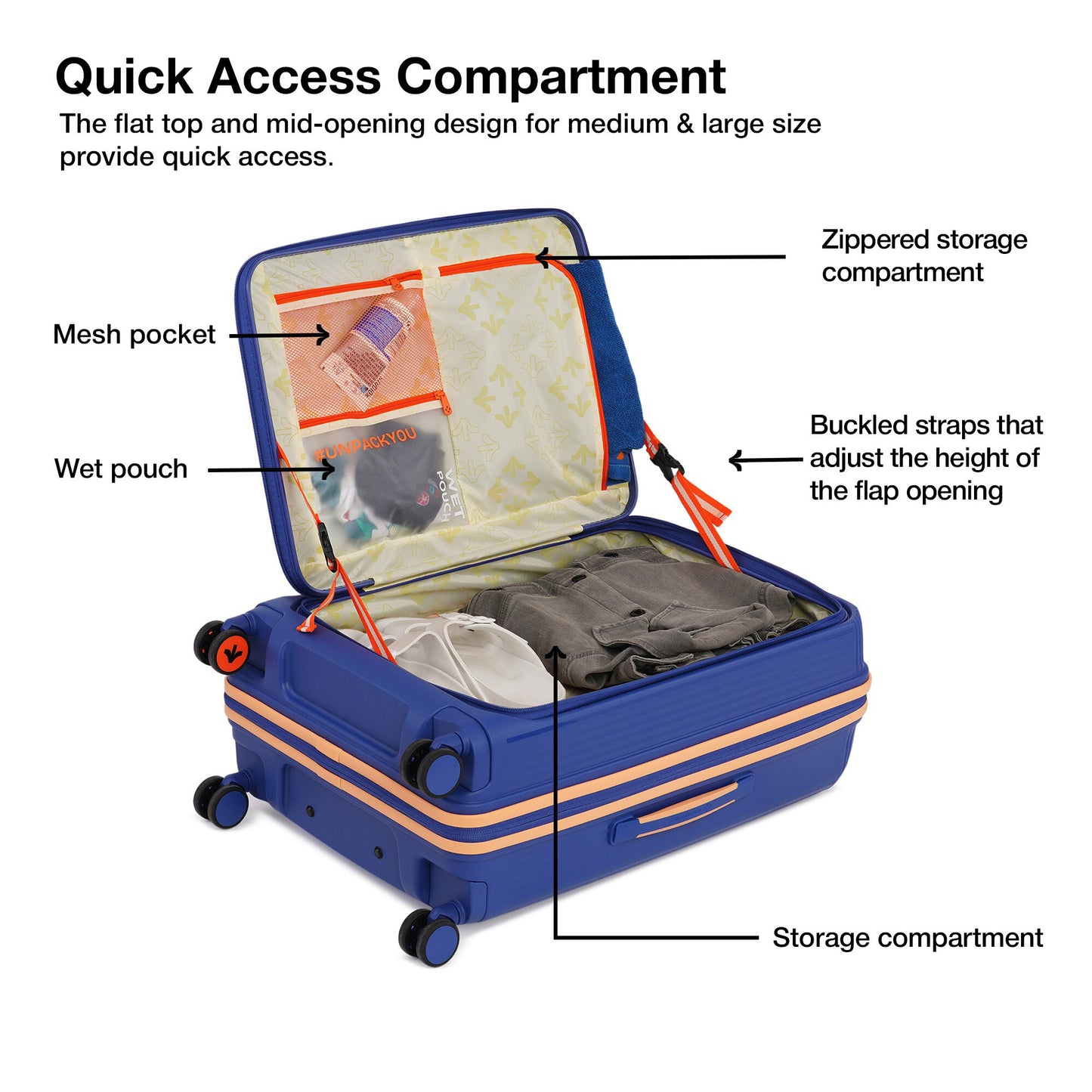 Nasher Miles Alexandria Hard-Sided Polypropylene TSA Lock Check-in Luggage 24 inch | 65cm | 8 Wheels Medium Trolley Bag for Travel | Suitcase (Navy Blue Peach)