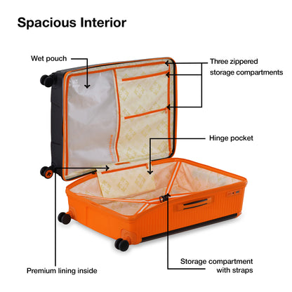 Nasher Miles Dubai TSA Lock Hard-Sided Polypropylene Check-in Luggage 24 inch | 65cm | 8 Wheels Medium Trolley Bag for Travel | Suitcase (Black Orange) | Nasher Miles at Broadway