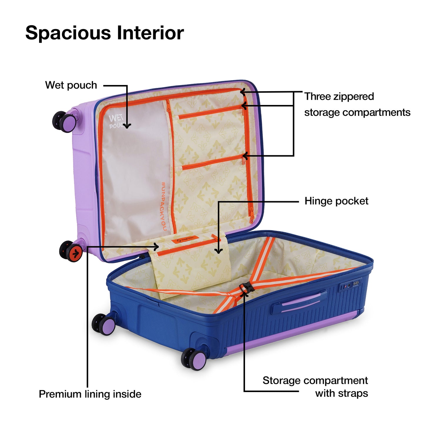 Nasher Miles Dubai TSA Lock Hard-Sided Polypropylene Check-in Luggage 24 inch | 65cm | 8 Wheels Medium Trolley Bag for Travel | Suitcase (Lavender Navy Blue)
