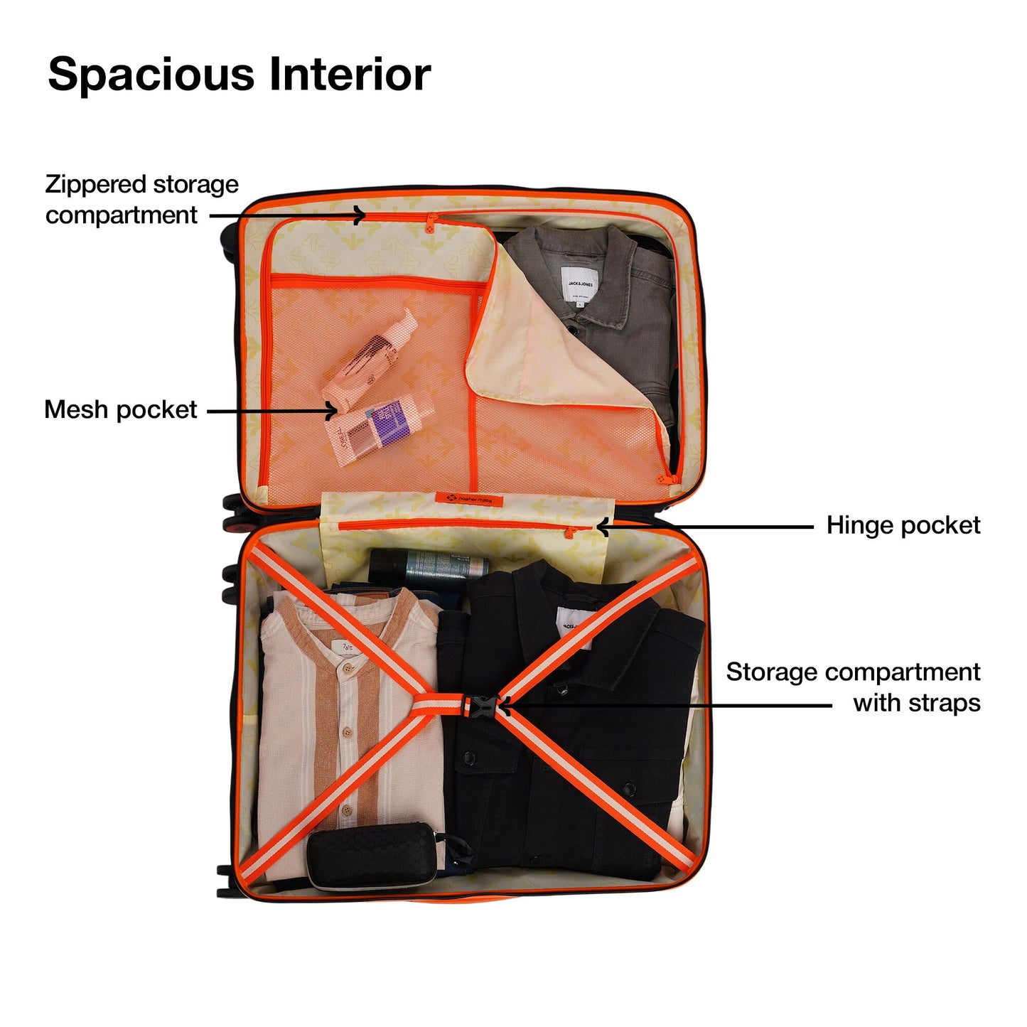Nasher Miles Alexandria Hard-Sided Polypropylene TSA Lock Check-in Luggage 24 inch | 65cm | 8 Wheels Medium Trolley Bag for Travel | Suitcase (Black Orange)